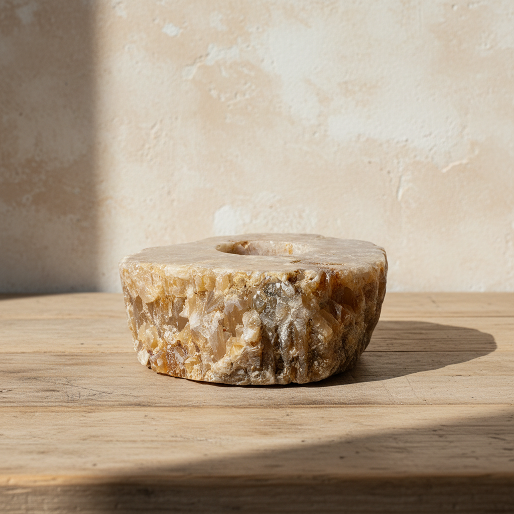 A round stone candle holder, made from a natural crystalline material in beige, brown, and amber tones, sitting on a light wood surface against a textured beige wall with soft sunlight and shadows.