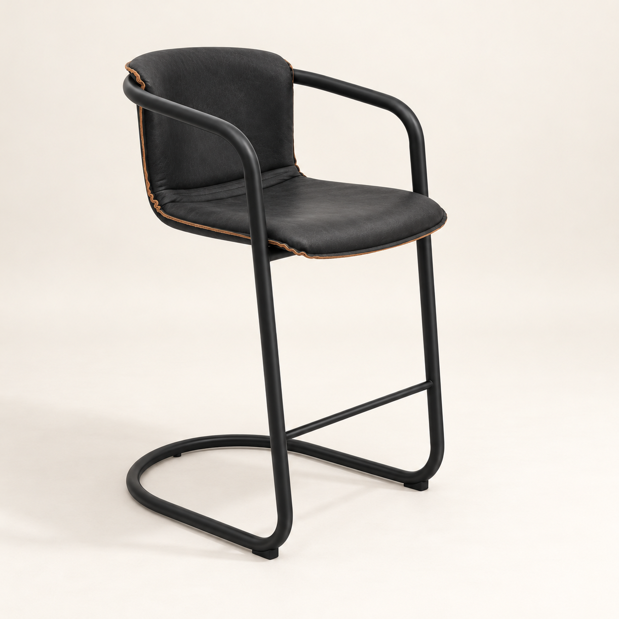 A modern bar stool with a black padded seat and backrest, supported by a black cantilever metal frame, shown against a light beige studio background.