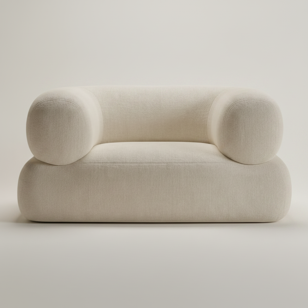 A modern low-profile armchair upholstered in a textured cream fabric, featuring rounded cylindrical armrests and a thick cushioned seat, set against a solid warm beige background.