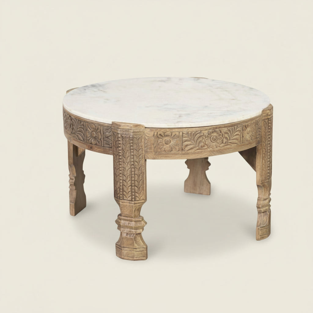 Round Indian Grinder Coffee Table with Marble top Wabi Sabi Bisque
