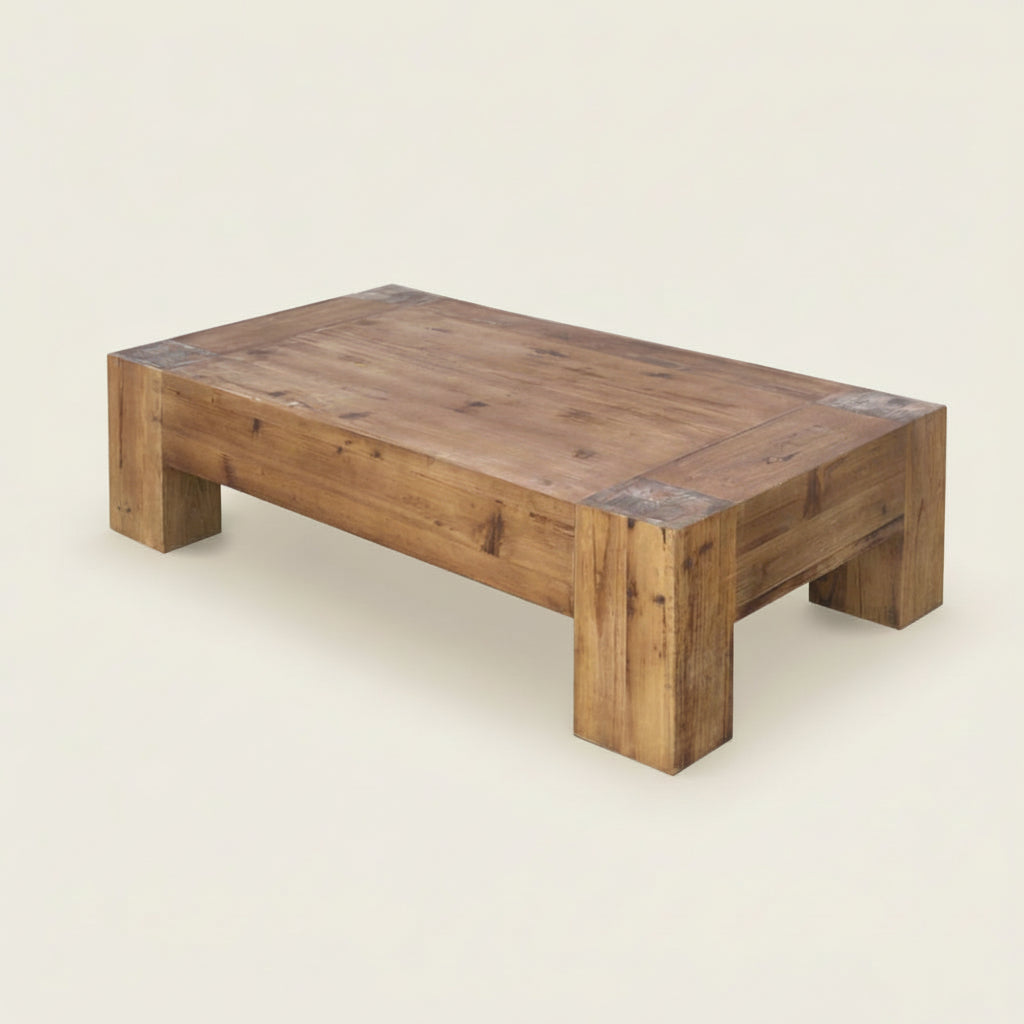 Reclaimed Recycled Pine Chunky Leg Coffee Table 150cm long Wabi Sabi Style