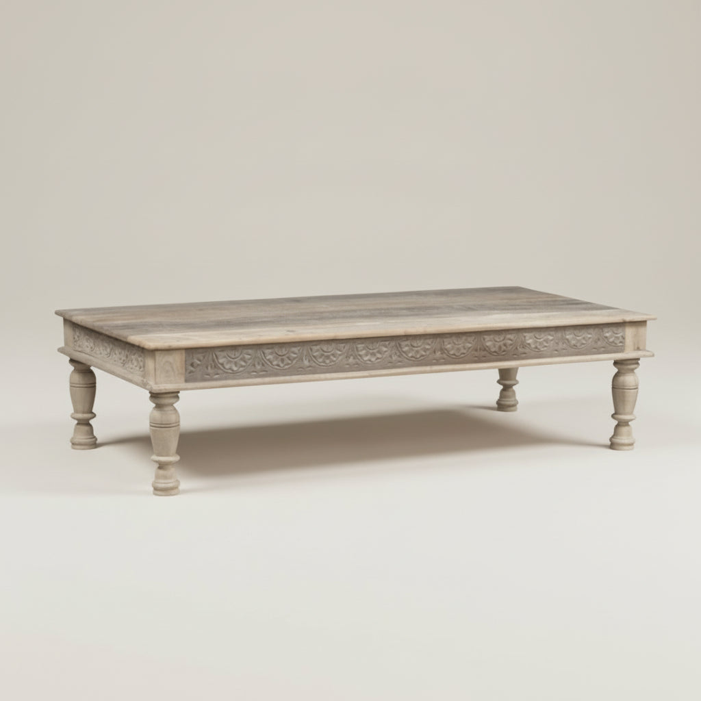Carved teak 180cm coffee table, indian, bohemian, furniture, bisque traders