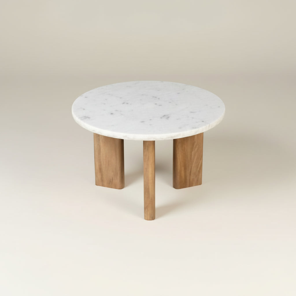 Round Coffee Table Marble Top with 3 Wooden Legs wabi sabi