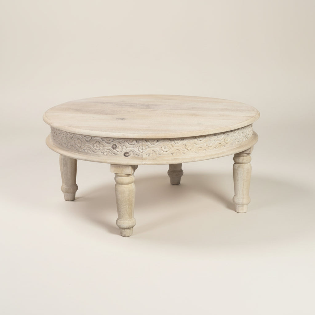 Samiya Whitewashed Mango Wood Round Carved Coffee Table