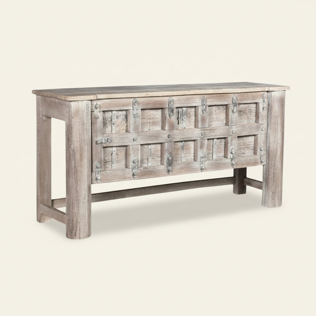 Inesh : Carved Front Indian Antique Door Panels Console, 188cm
