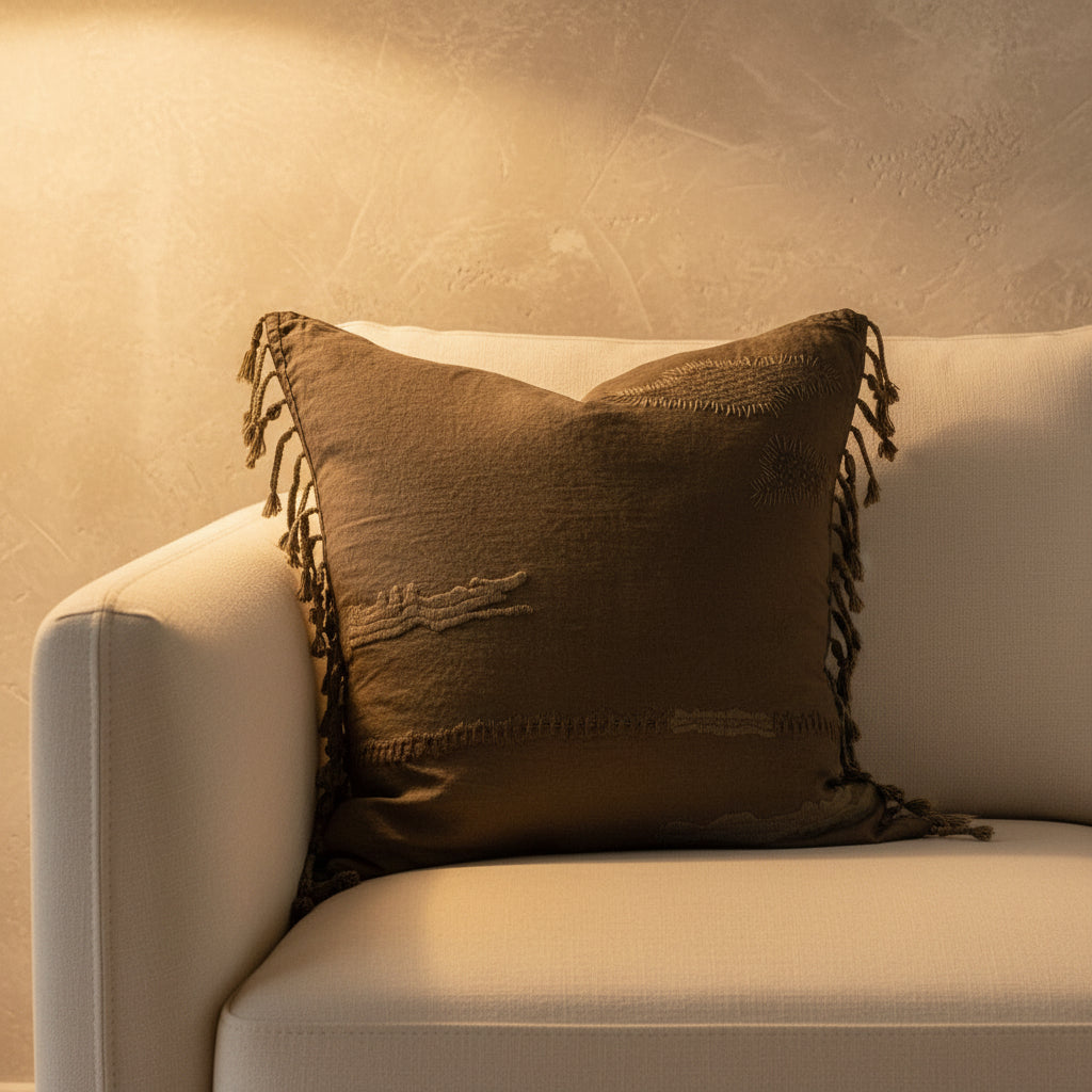 A square olive brown woven throw cushion with braided fringed tassels, tonal textured embroidered detailing in abstract stitching for an understated luxurious and elevated feel.