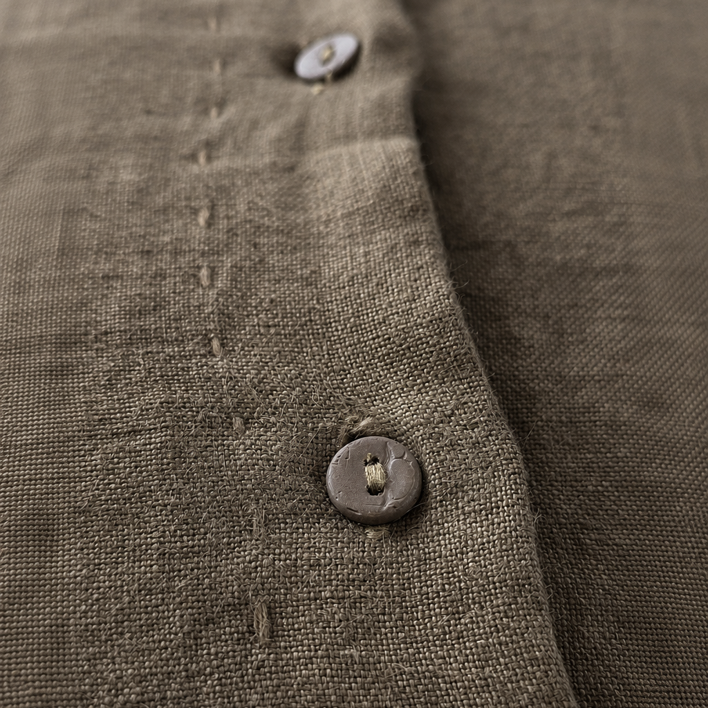 Close-up of a textured olive brown linen cushion closure showing the fabric weave and a dark wooden button.