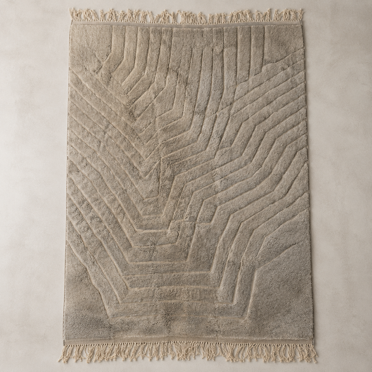 A rectangular area rug with a textured geometric chevron pattern in shades of taupe and beige, featuring fringed edges on all sides, laid flat on a neutral concrete surface.