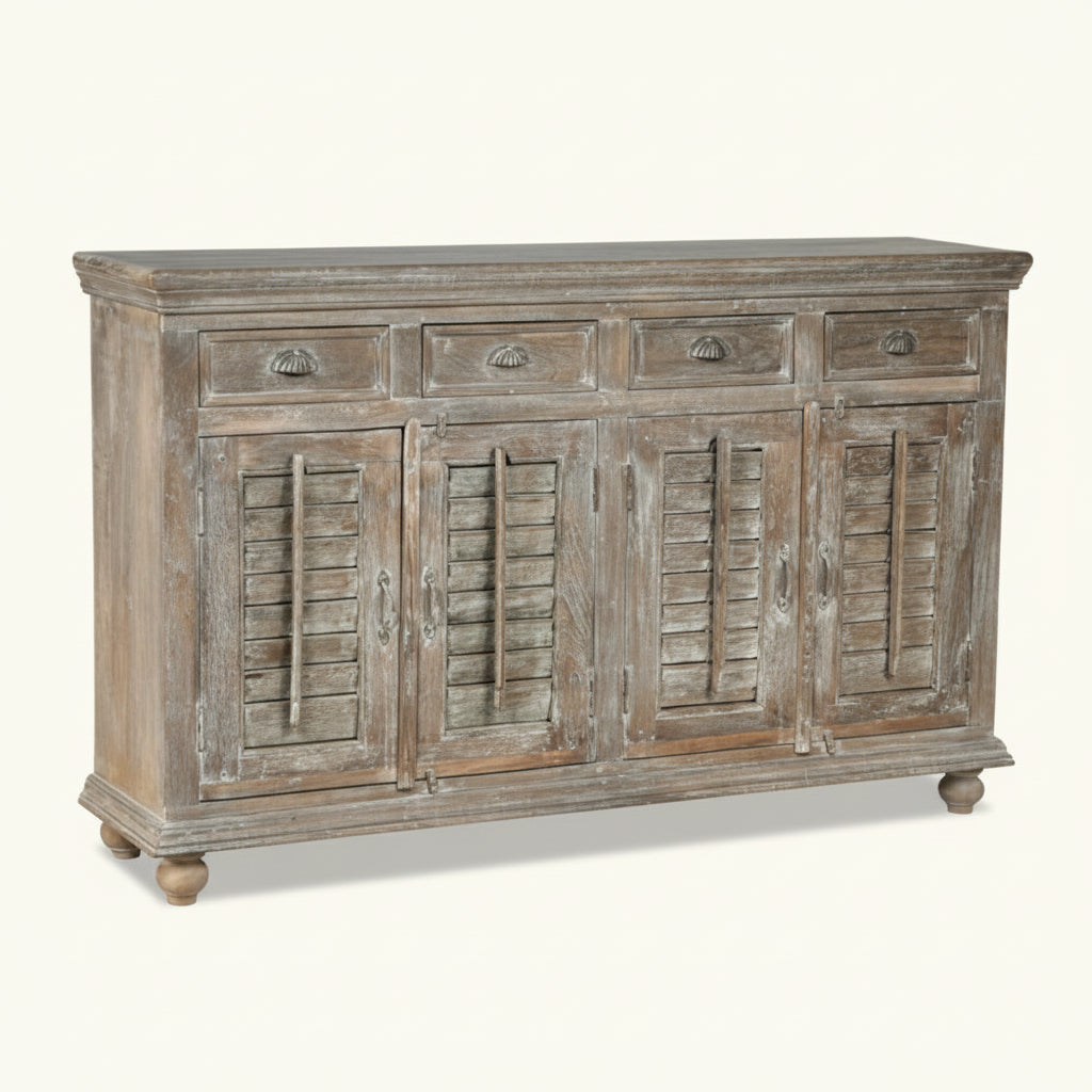 Fouzia bohemian Vintage style Indian cabinet console 4 door louvre console 183cm Bisque