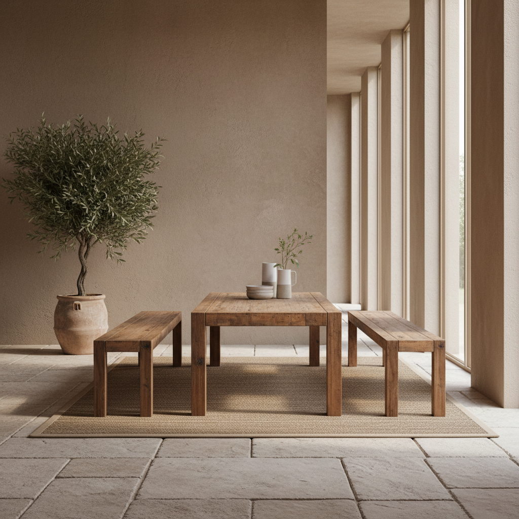 reclaimed teak dining table with long benches in modern beach house