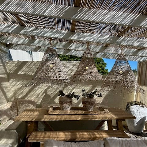 Bakaru : Cone Shaped Rattan Pendant Whitewashed, Large