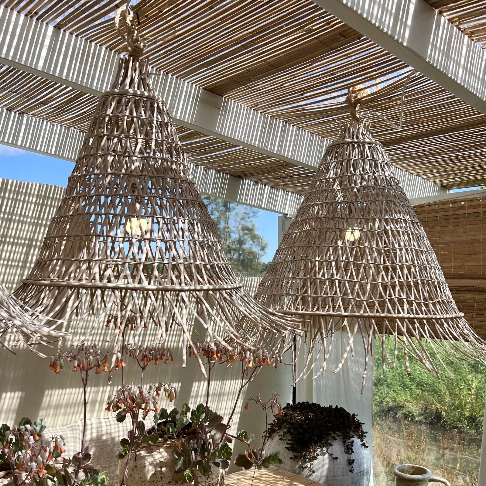 Bakaru : Cone Shaped Rattan Pendant Whitewashed, Large