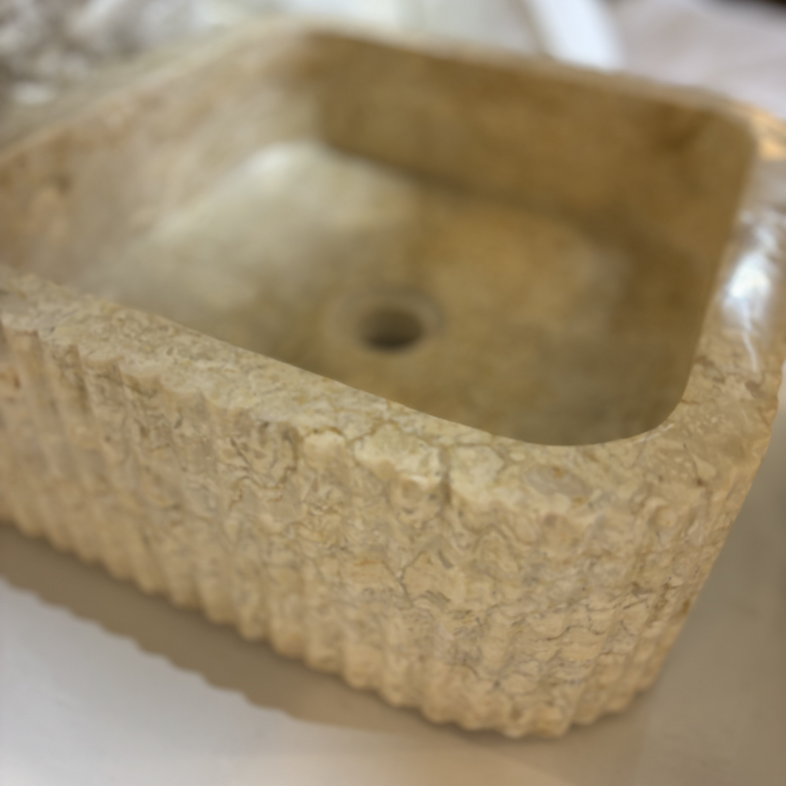 Basin: Kara, Square Fluted Cream Polished 36cm Marble Basin