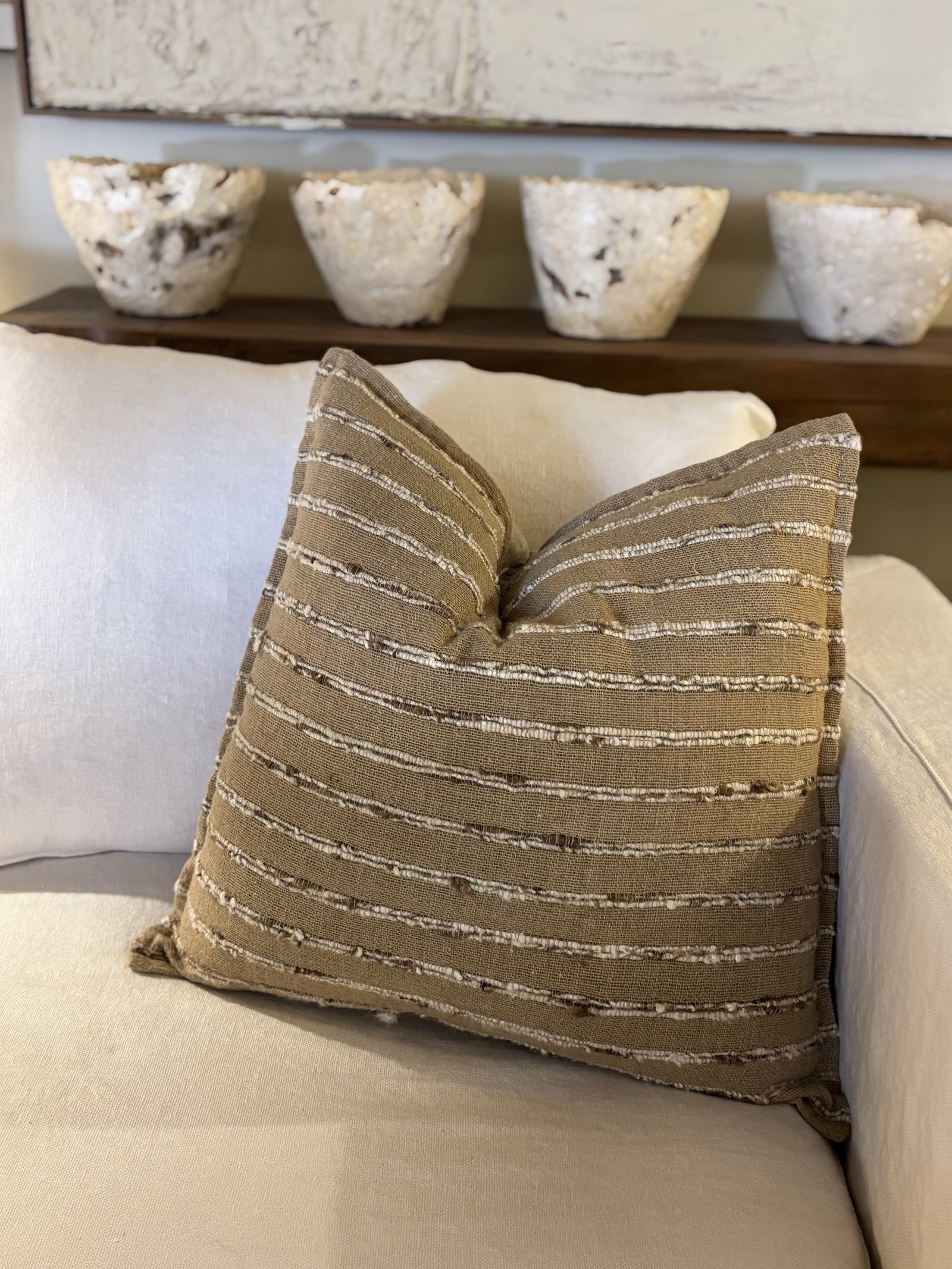 MANON. SILK. NATURAL WITH CREAM RAISED SILK THREAD. 60 X 60CM CUSHION.
