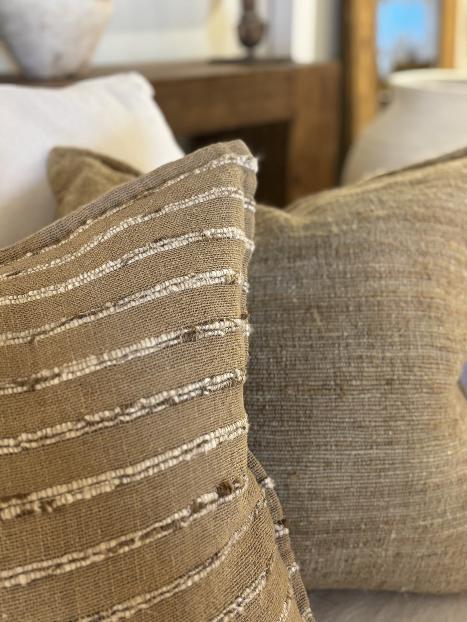 MANON. SILK. NATURAL WITH CREAM RAISED SILK THREAD. 60 X 60CM CUSHION.