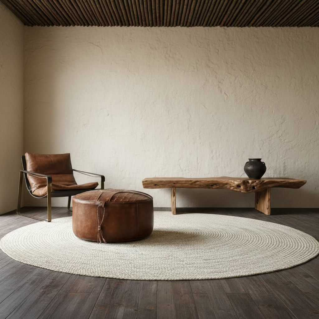 Chintan : Plaited Leather 70cm Diameter Tan Ottoman