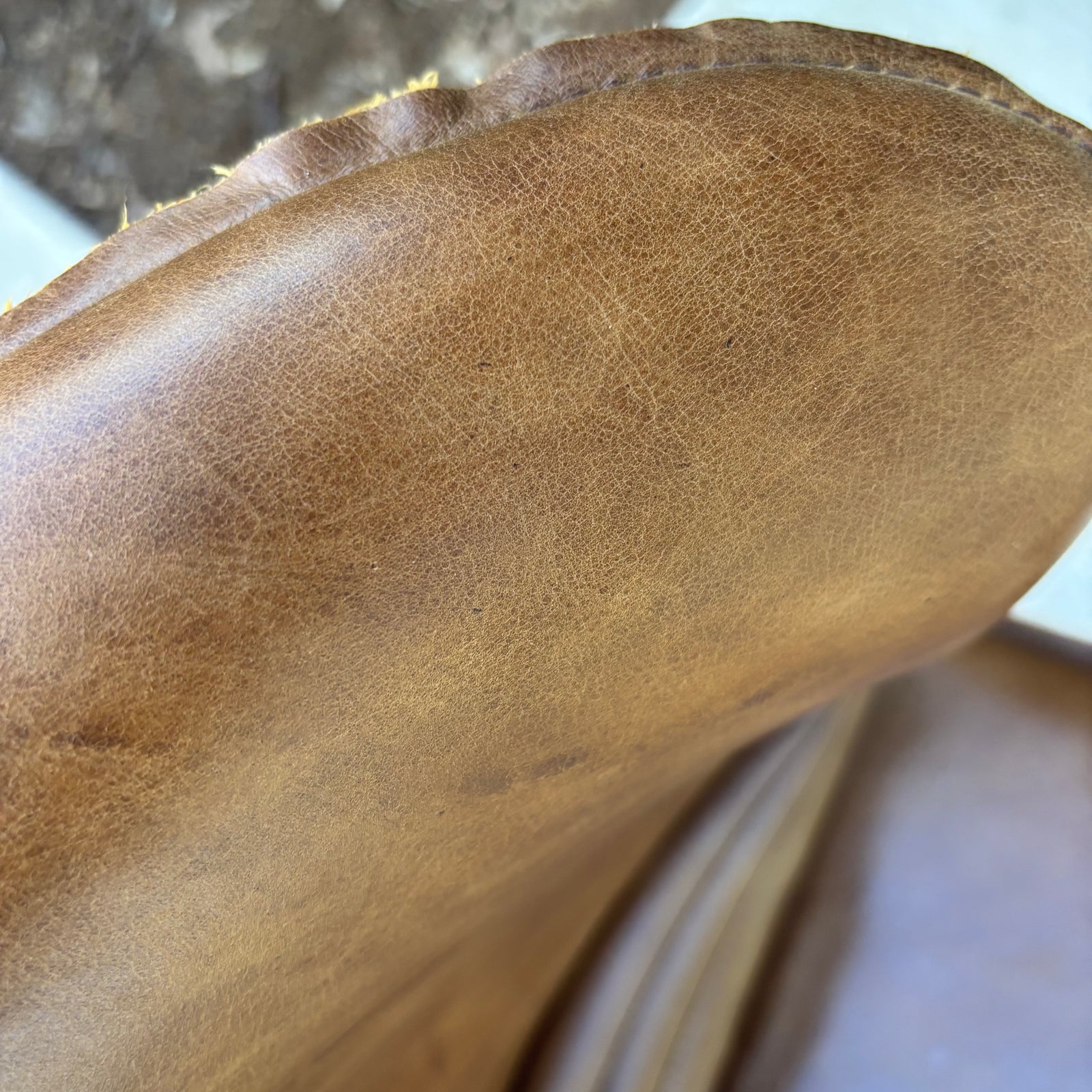 Bar Stool: Jordano, Tan Leather seat and brown frame. 65cm h