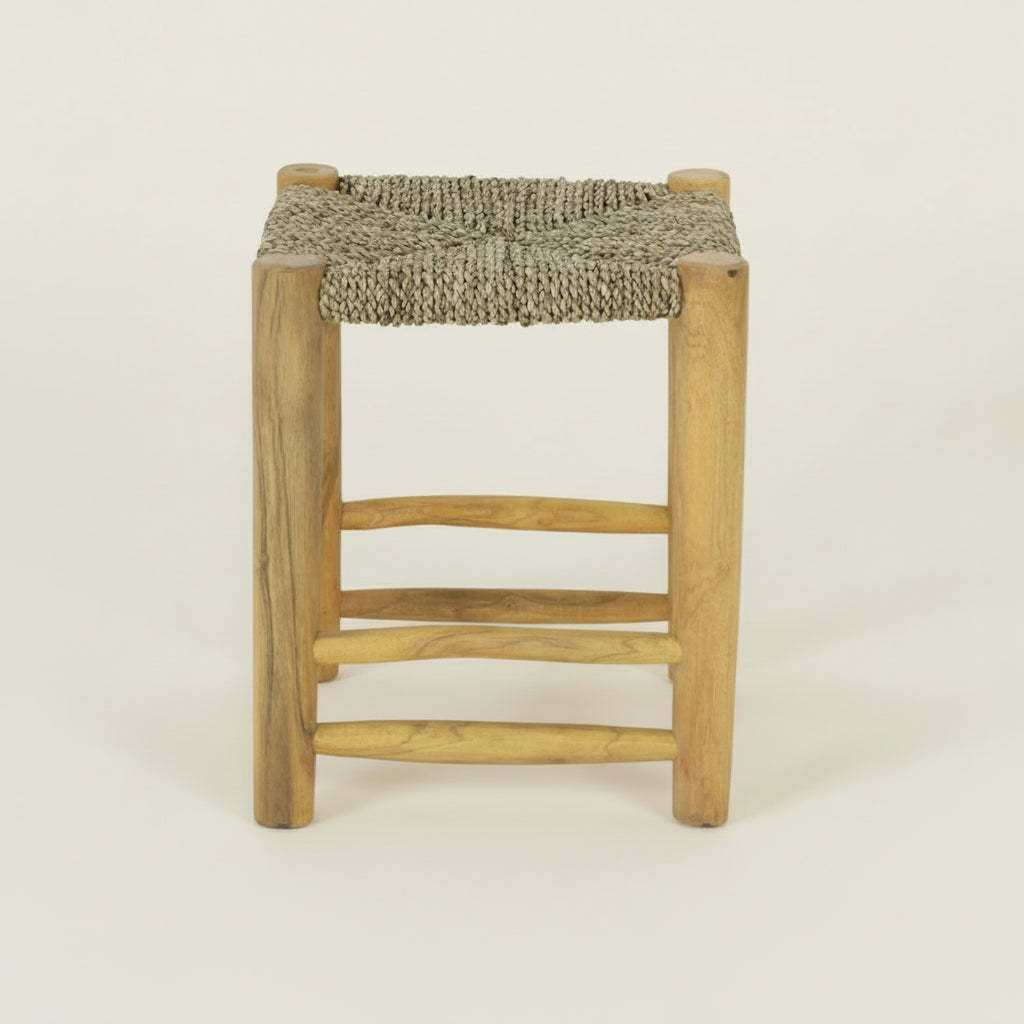 Wooden stool with woven sisal seat, wooden legs bisque