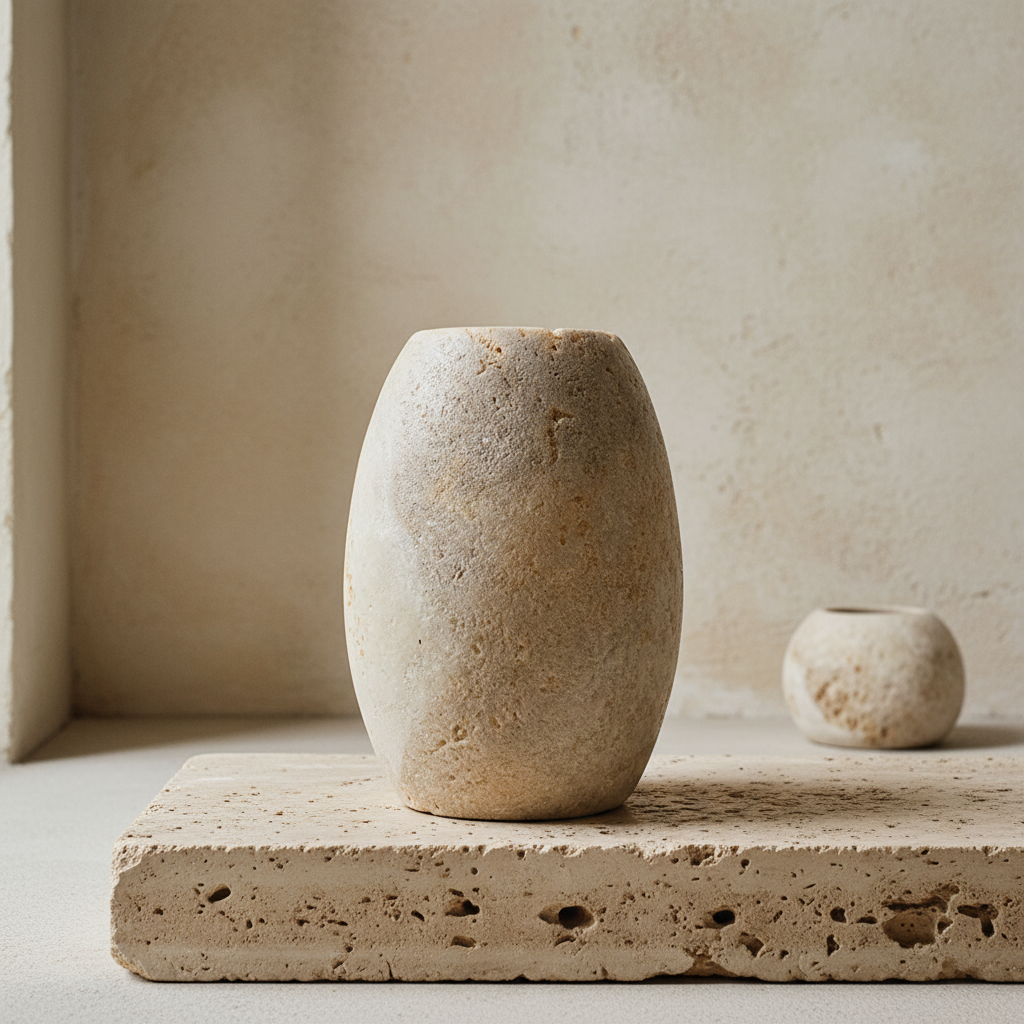 An oval onyx stone candleholder in a warm beige travertine-like material