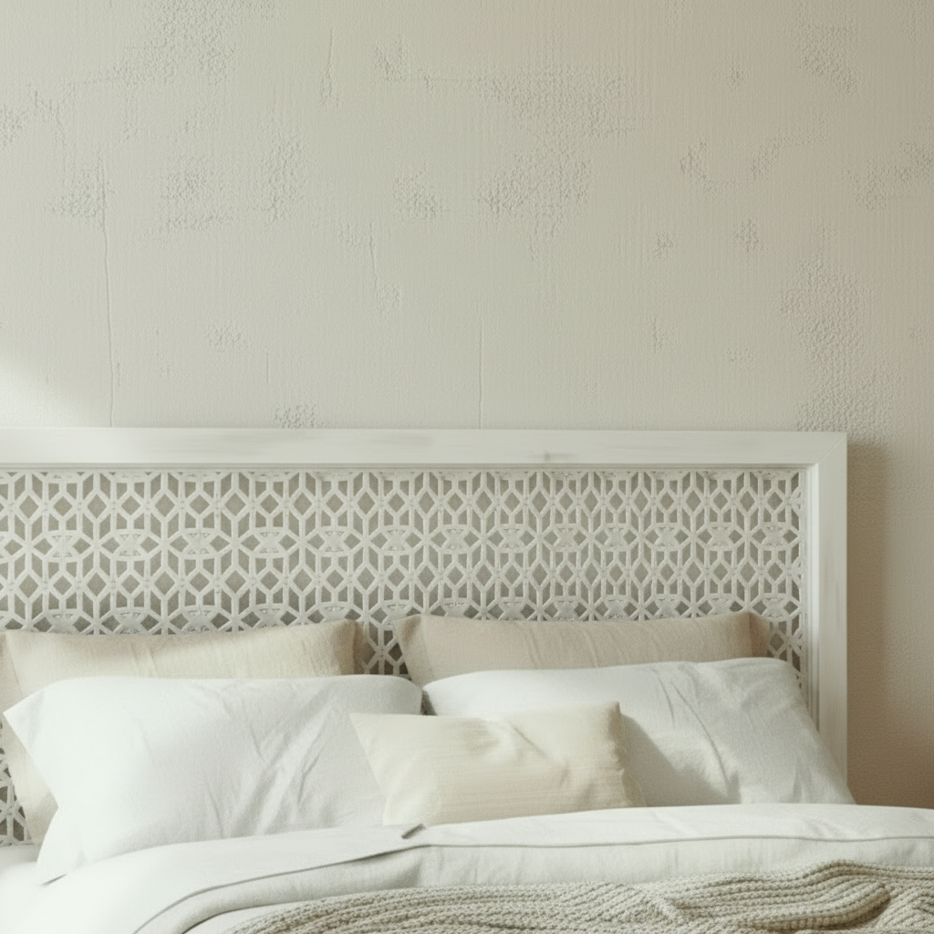 Neatly made bed with decorative carved white wood headboard in a minimalistic bedroom.