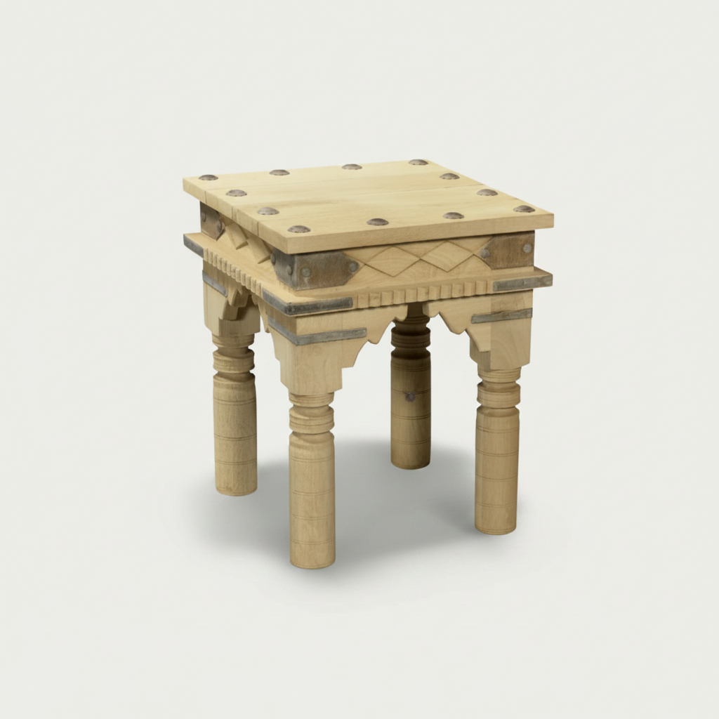Binita : Mango Wood Carved Indian 55cm Square Side Table, featuring Metal Details.