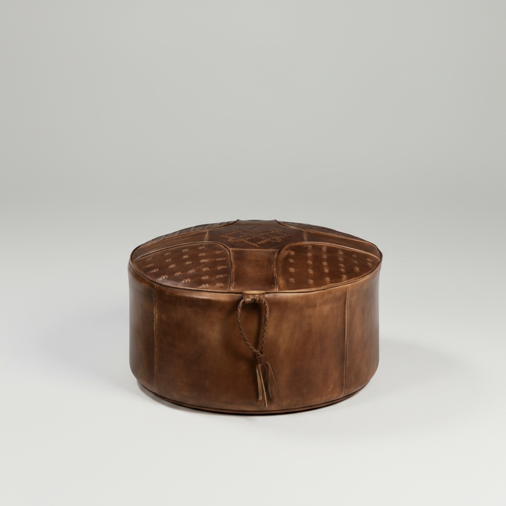 Chintan : Plaited Leather 70cm Diameter Tan Ottoman