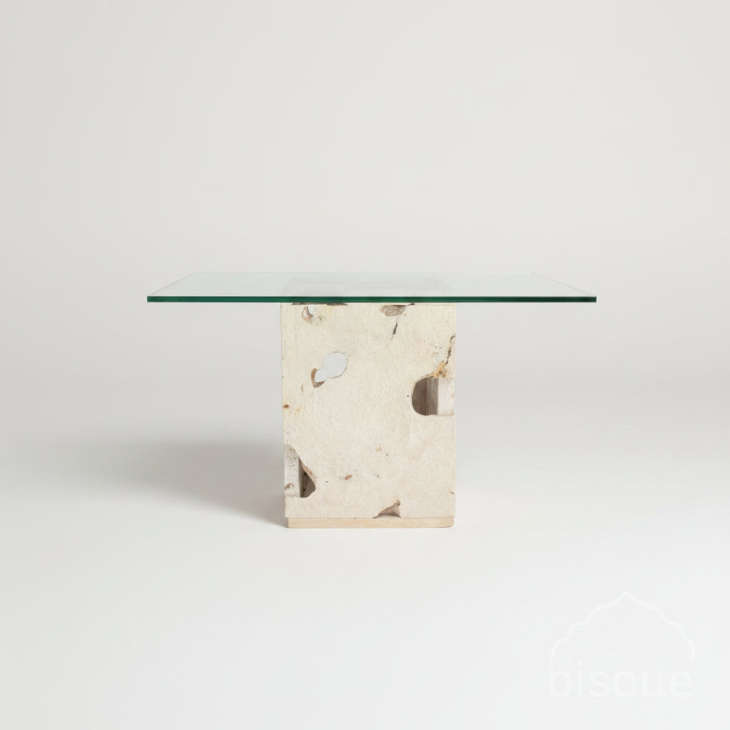Bukoko : Fossilised Coral Square Side Table, Featuring a Glass Top.