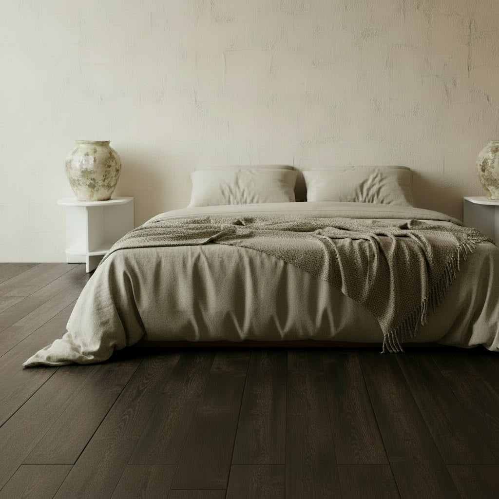 Bedroom with a bed covered in beige bedding and two side tables with decorative vases.