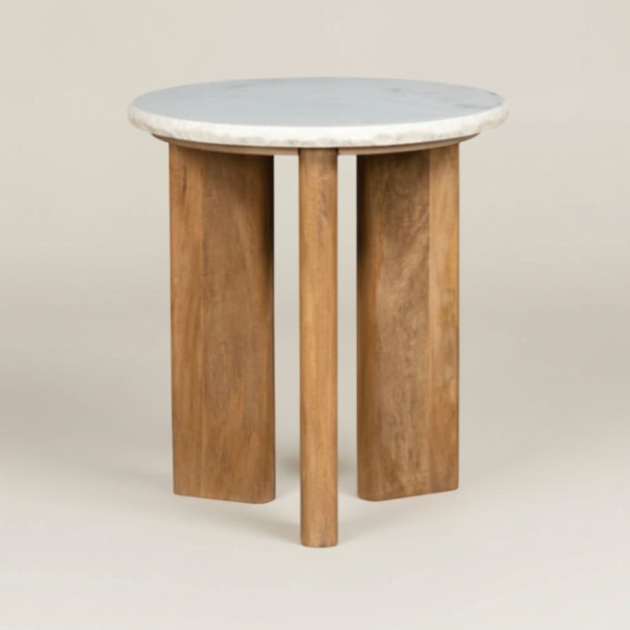 Kosala : Wooden & White Marble 55cm High Side Table / Bedside Table