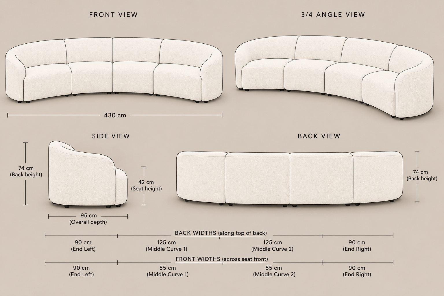 Sofa : Luca : Curved Modular Off White Upholstered 95 cm deep 4.3 m Sofa