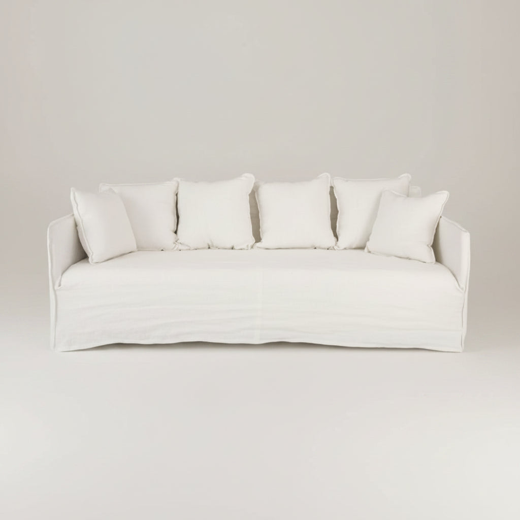 Khalia : 3 Seater Sofa, 210 cm long White Linen Slip Cover Sofa, featuring Slim Arms.