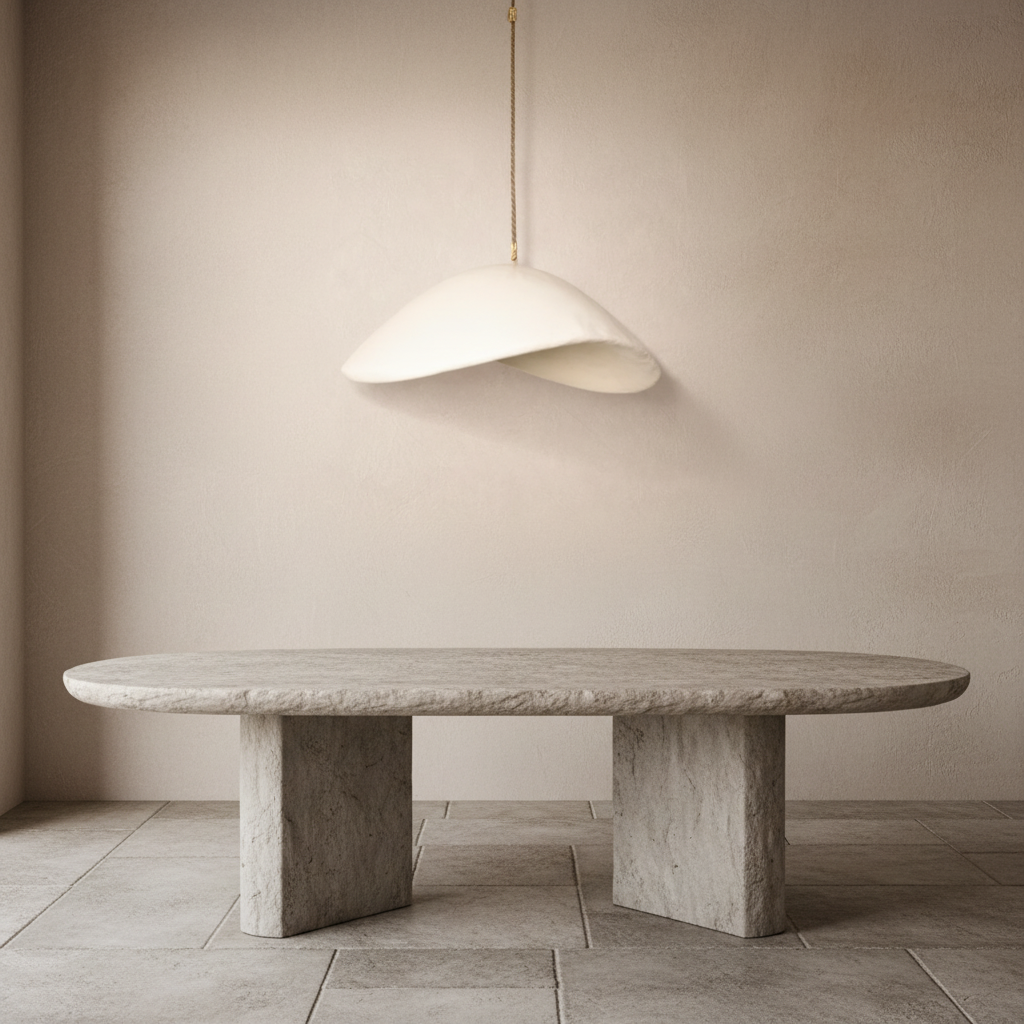 an Abeba pendant light hanging over a stone oval table.