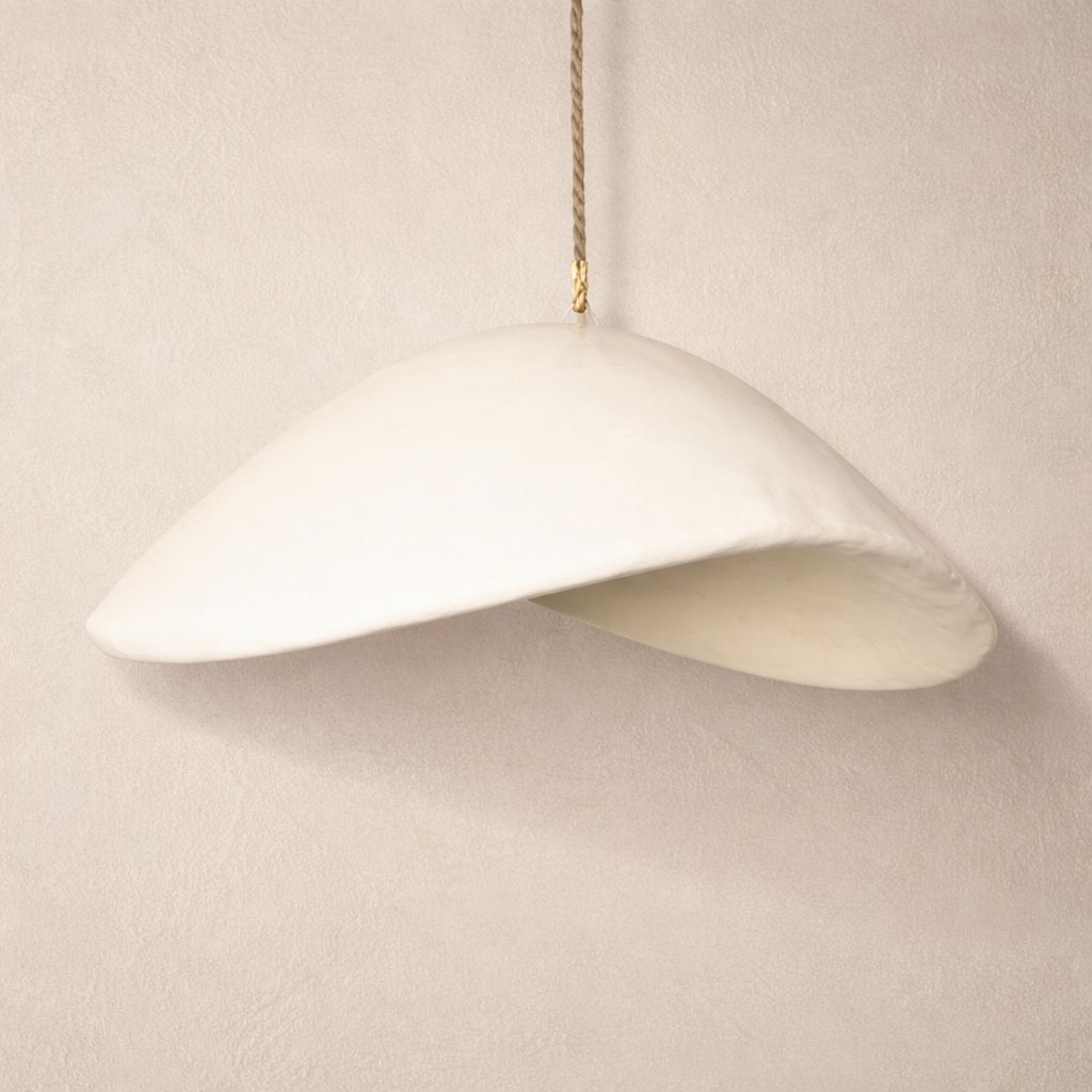 White resin organic shape Abeba pendant lamp hanging against a beige wall