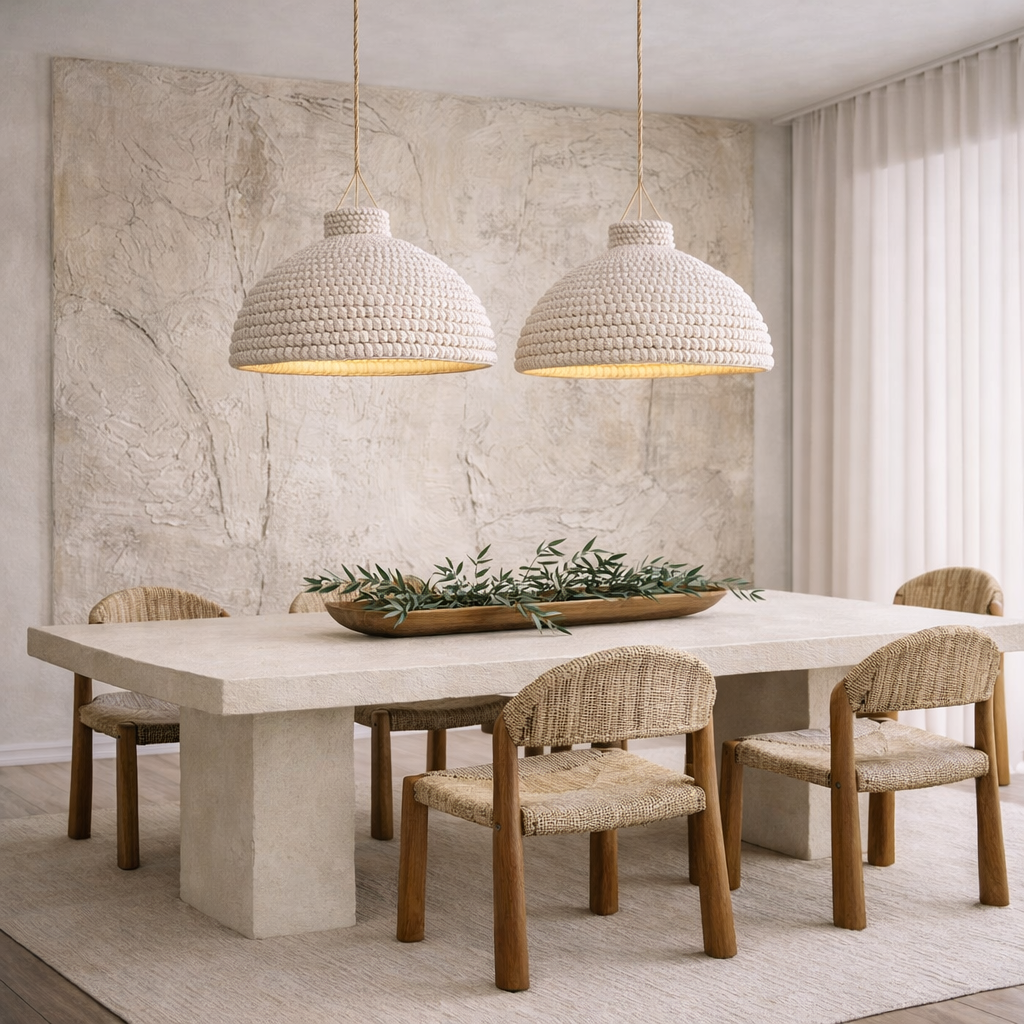 Dining room with a long cream stone table, rattan chairs, and pendant lights against a large abstract artwork on wall.