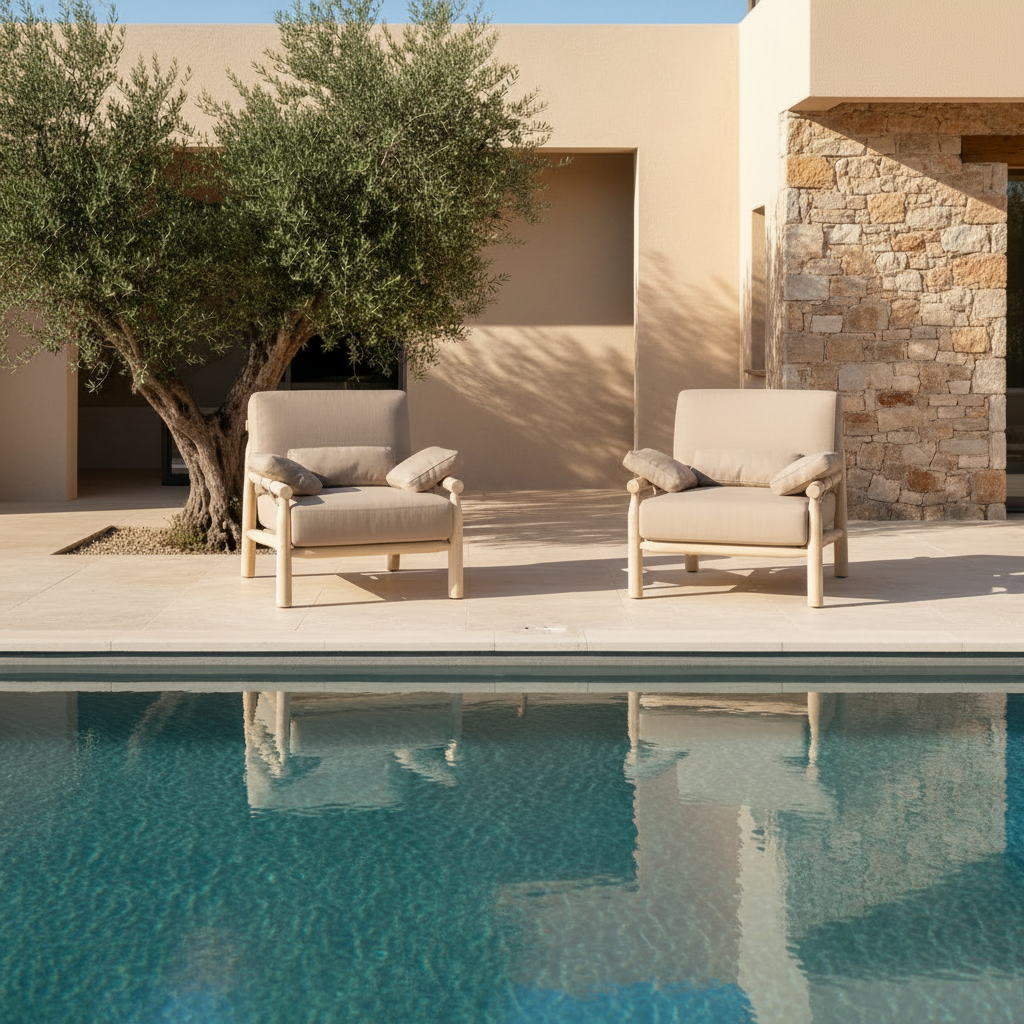 A modern wooden Adjani outdoor armchair with light beige fabric upholstery and two matching throw pillows, shown poolside.