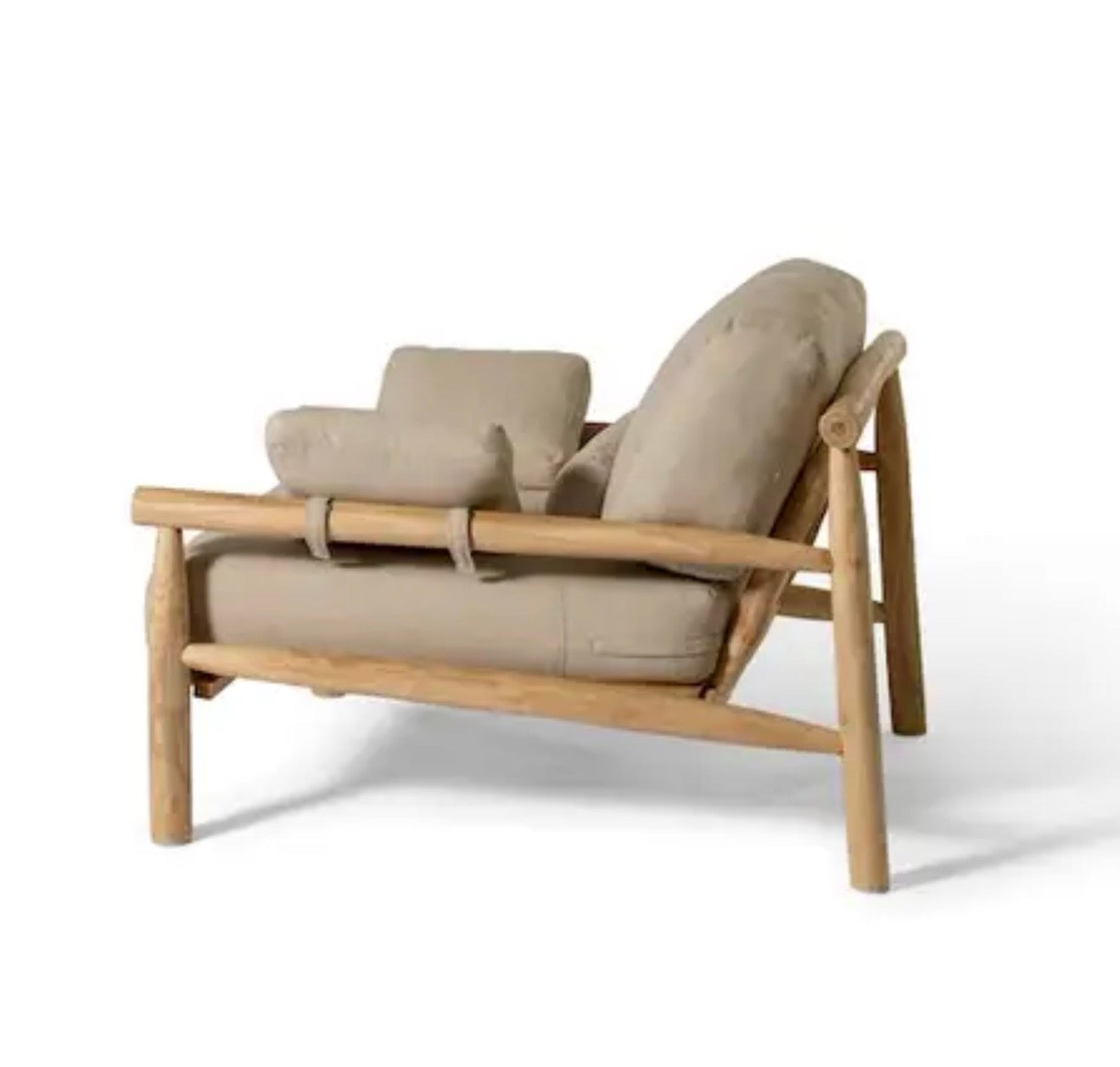 A modern taupe and teak outdoor lounge chair with a light natural wood frame and thick beige cushions, shown from a three-quarters angle on a white background.