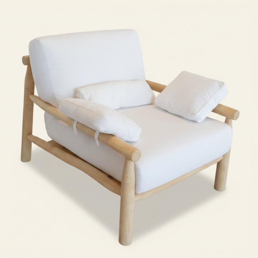A white upholstered Adjani Outdoorchair with a natural teak wood frame.