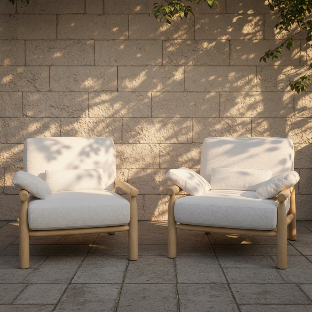 A modern outdoor lounge chair with a light natural teak wood frame and thick white cushions, including a backrest, seat, and two small arm pillows, shown on a plain light beige background.