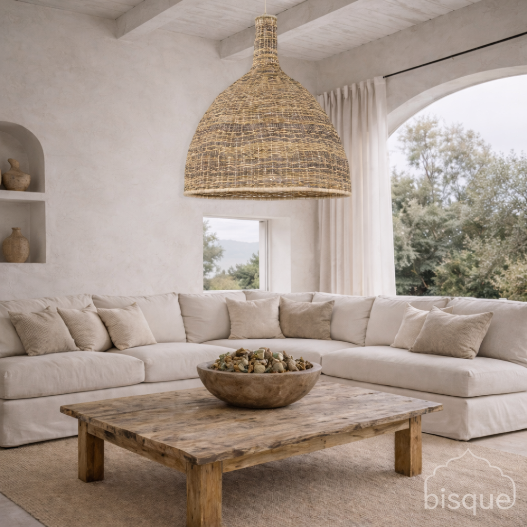 Living room with beige sectional sofa, wooden coffee table, and an Agung pendant light.