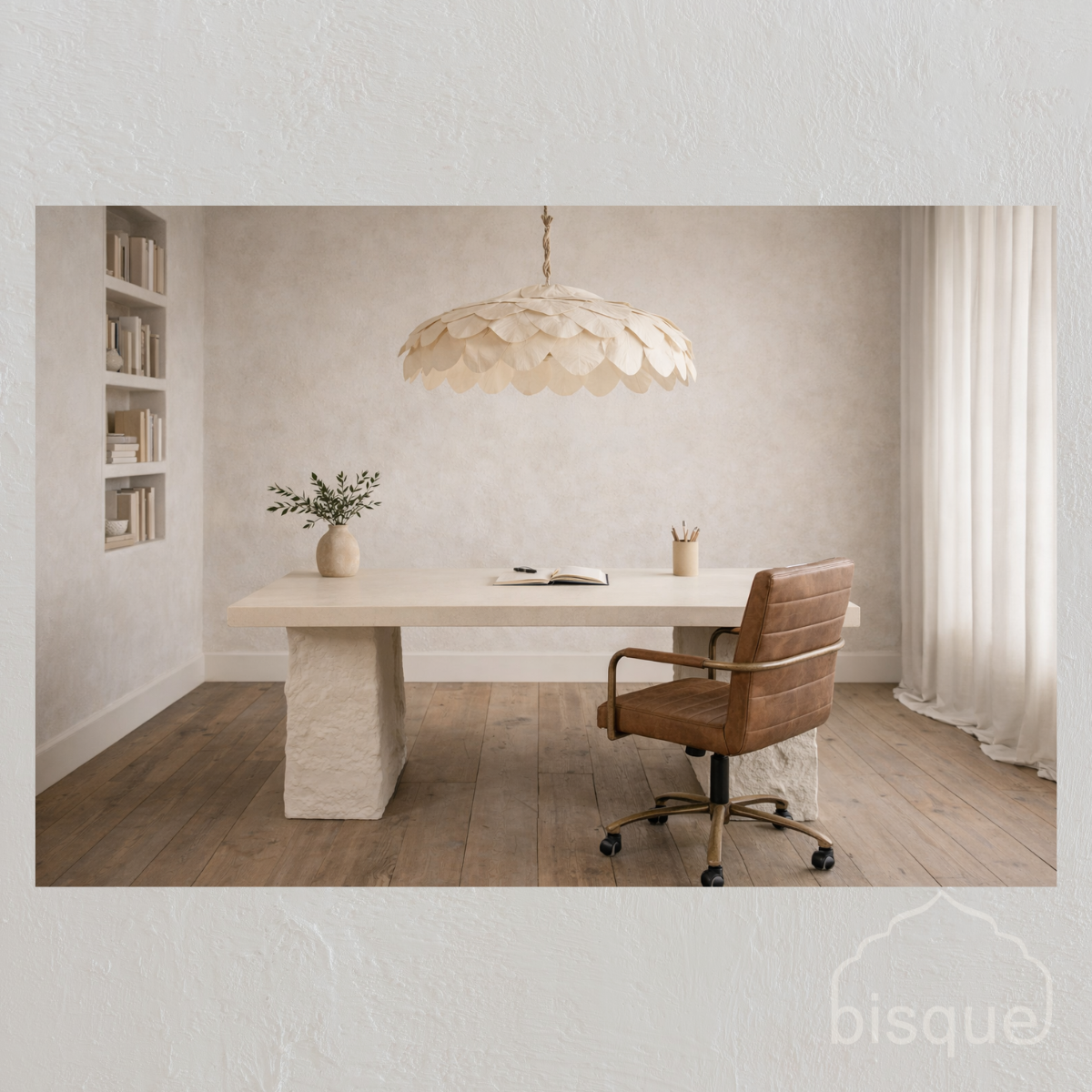Modern home office with a beige desk, brown chair, and decorative light fixture.