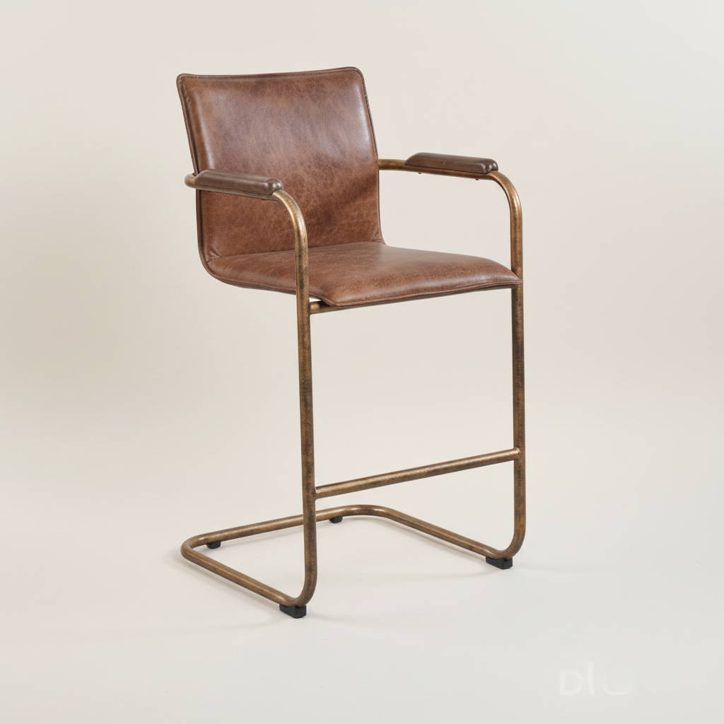 Bar Stool: Alessia, Tan Leather, Bronze Metal Framed Bar Stool