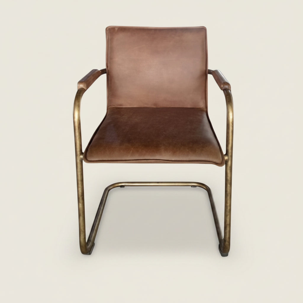 Alessia Vintage Brown Leather dining chairs with bronze metal frame