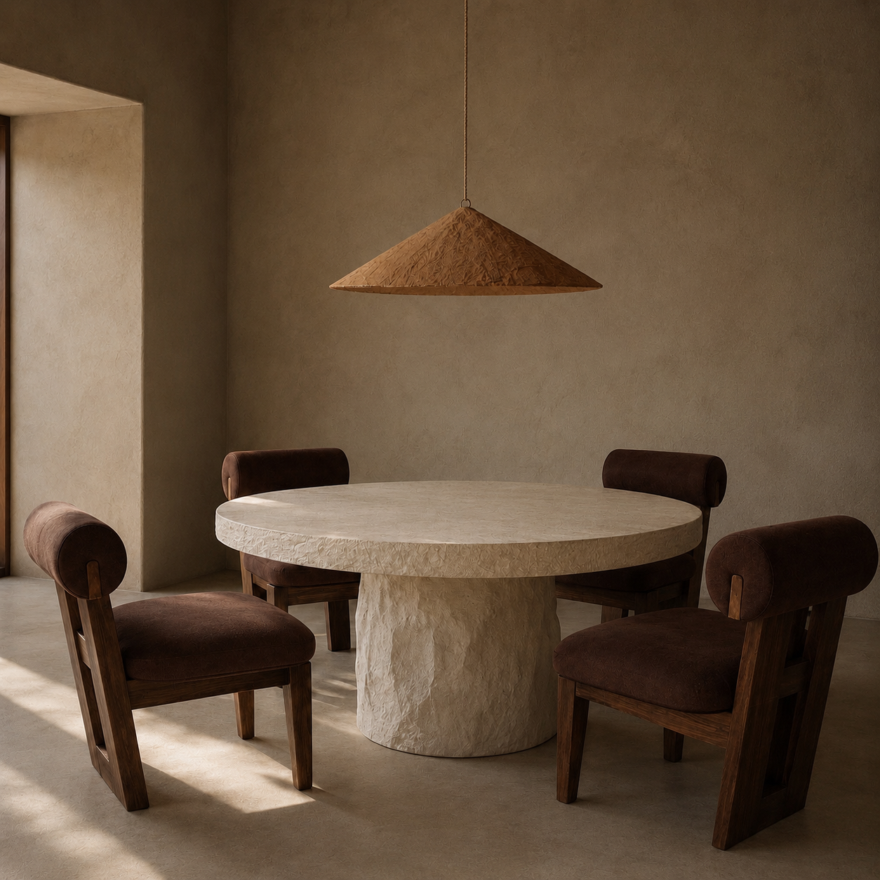 A round dining table with a textured stone pedestal base and four dark brown upholstered wooden chairs, set in a minimalist room with a textured plaster wall and a paper Alia brown cone 80cm pendant light overhead. By Bisque Traders.