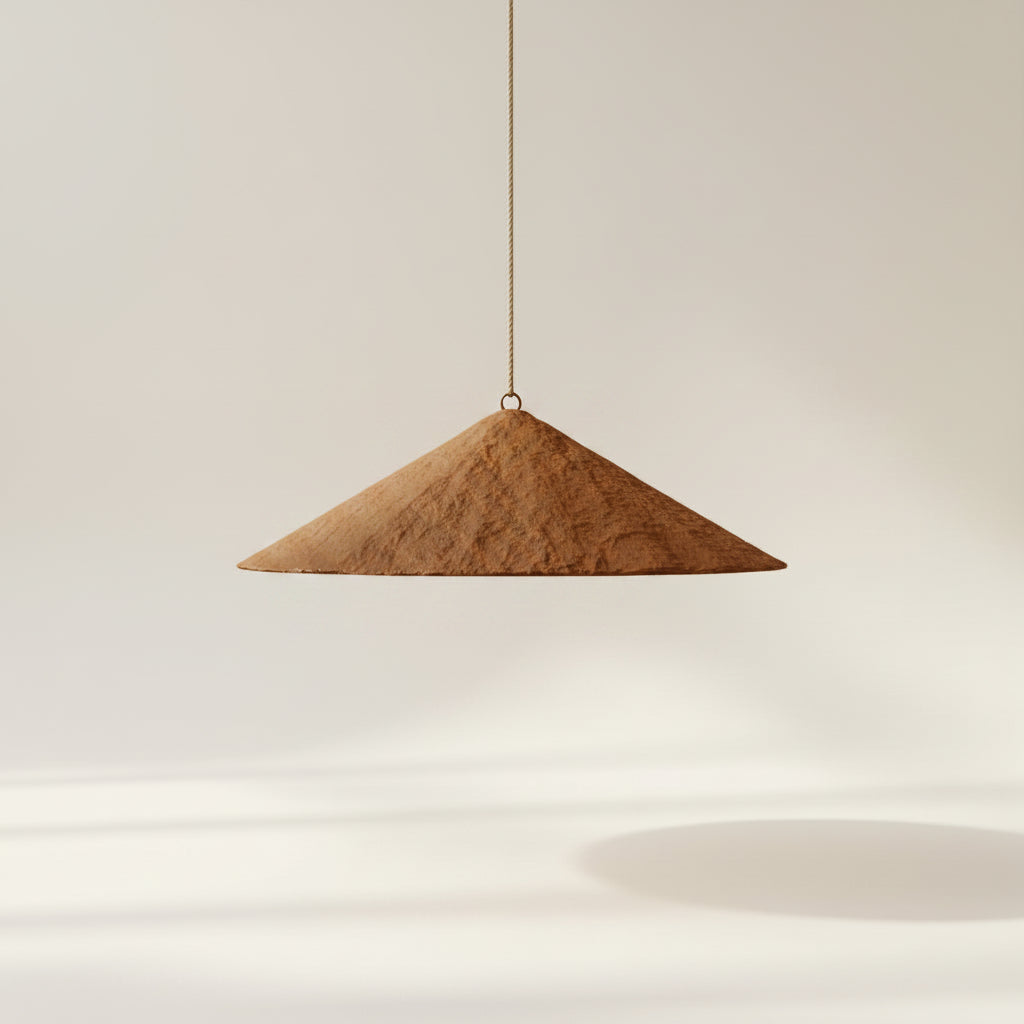 A modern brown paper Alia by Bisque Traders pendant light with a textured, cone-shaped shade suspended by a thin cord against a warm beige background.