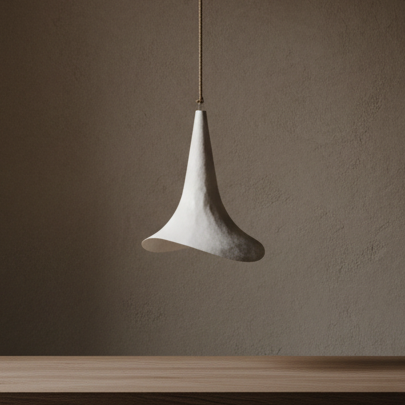 A white resin 70cm pendant lamp with a flared, trumpet-like shade suspended by a thin cord against a warm beige background.