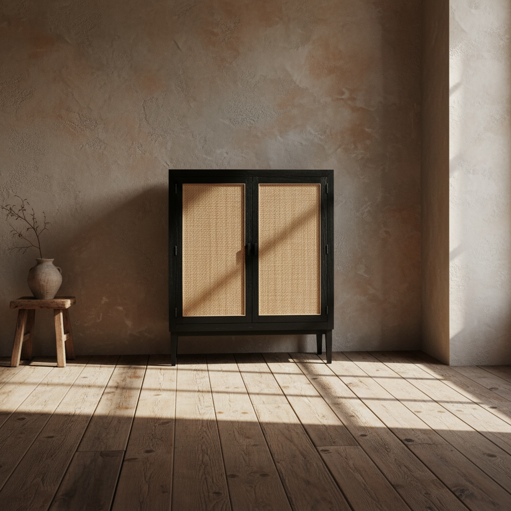 A black wooden cabinet with two woven cane doors, shown on a solid beige background.