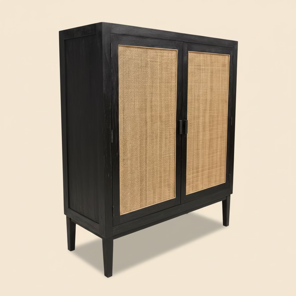 A black wooden cabinet with two doors featuring natural woven cane panels, shown on a solid beige background.