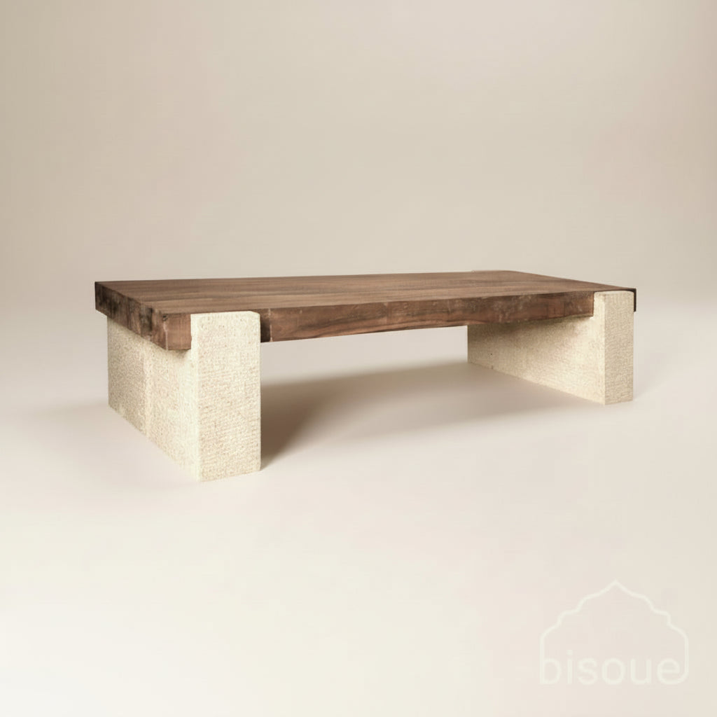 Reclaimed Recycled Teak Wood Coffee table with Stone Legs, Wabi Sabi 200cm
