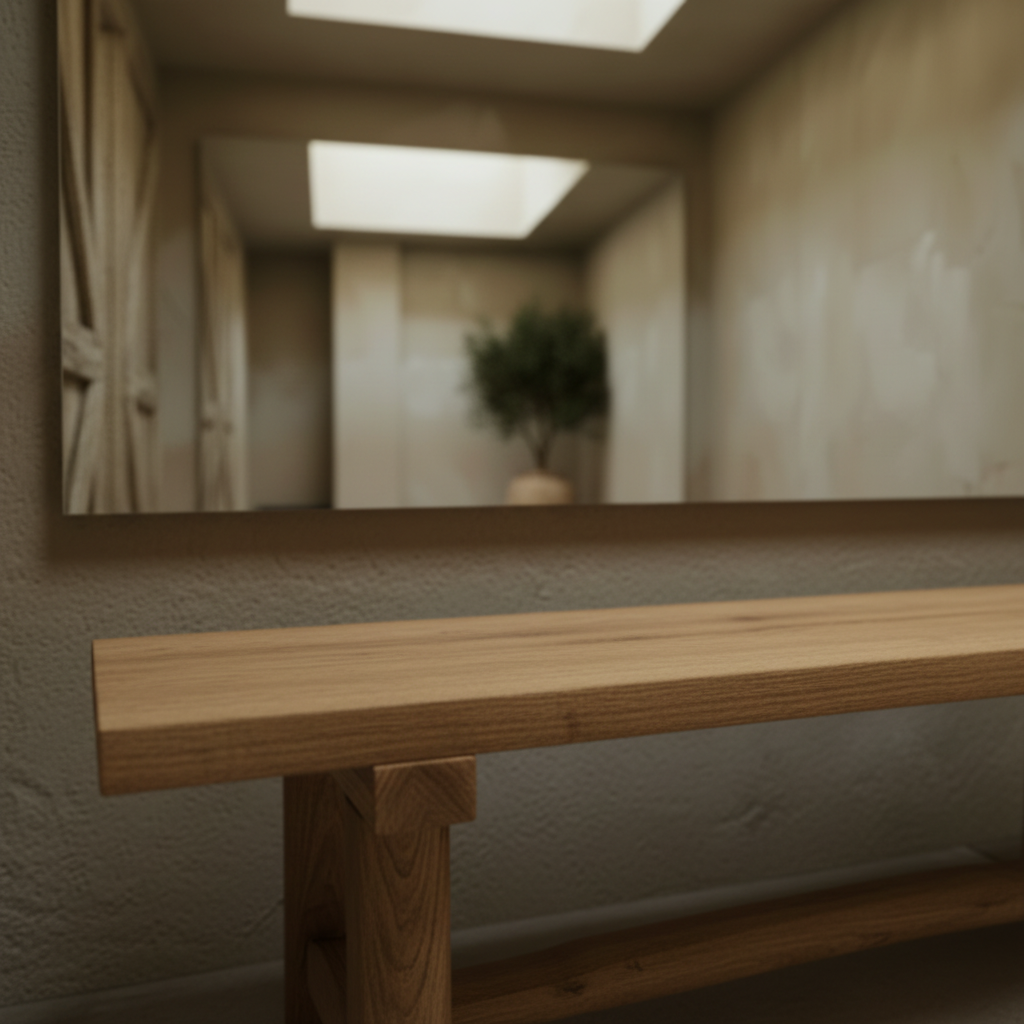 Modern interior with wooden bench, textured walls, and a large skylight.