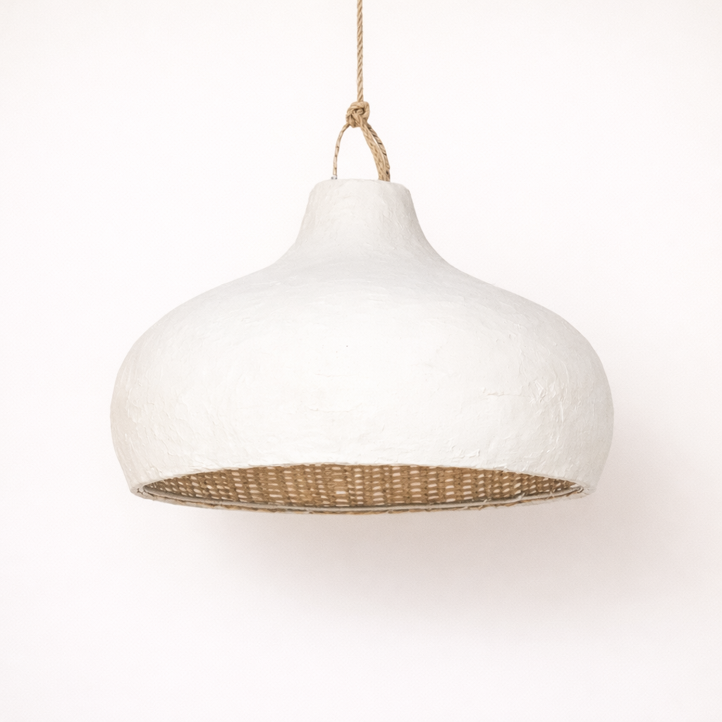 White clay fishtrap pendant lamp with woven detail on a white background